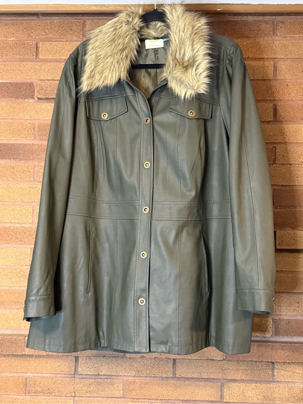 Anthropologie Olive Green Faux Leather Jacket with Faux Fur Collar